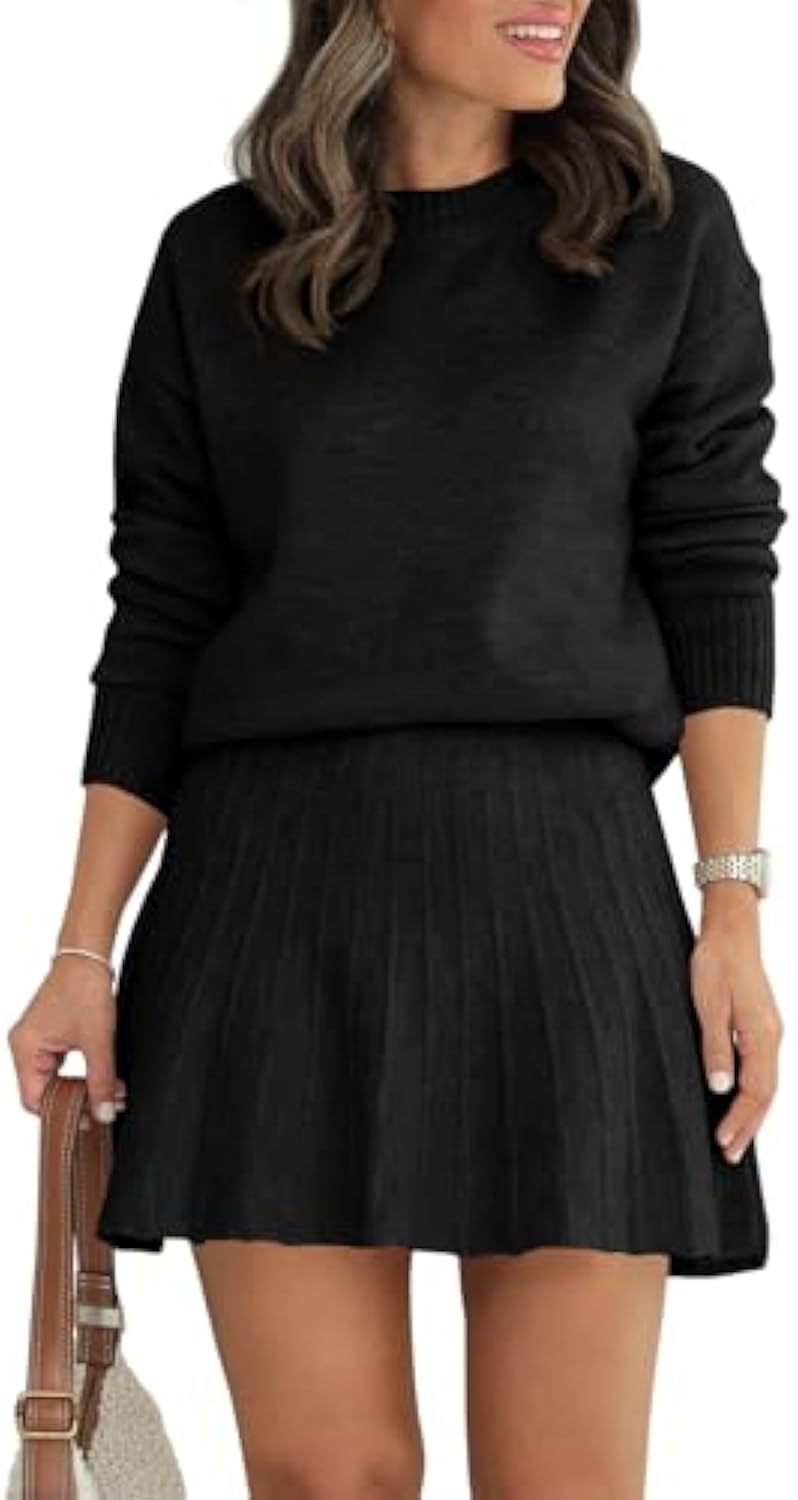Damen Zweiteiliges Strick-Set mit Rundhals-Pullover und Plissée-Minirock Drune