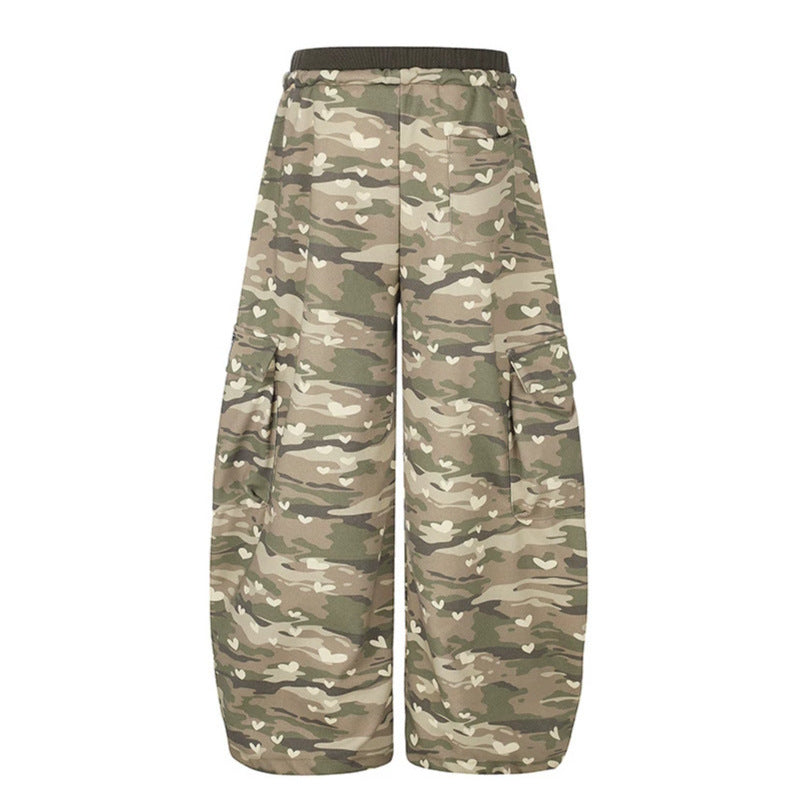 Damen Weite Cargo-Hose mit Herzen-Camouflage, Tunnelzugbund und großzügigen Taschen Drune