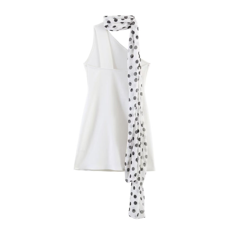 Damen Hängerkleid mit asymmetrischem Ausschnitt und stilvollem Punkteschal Drune