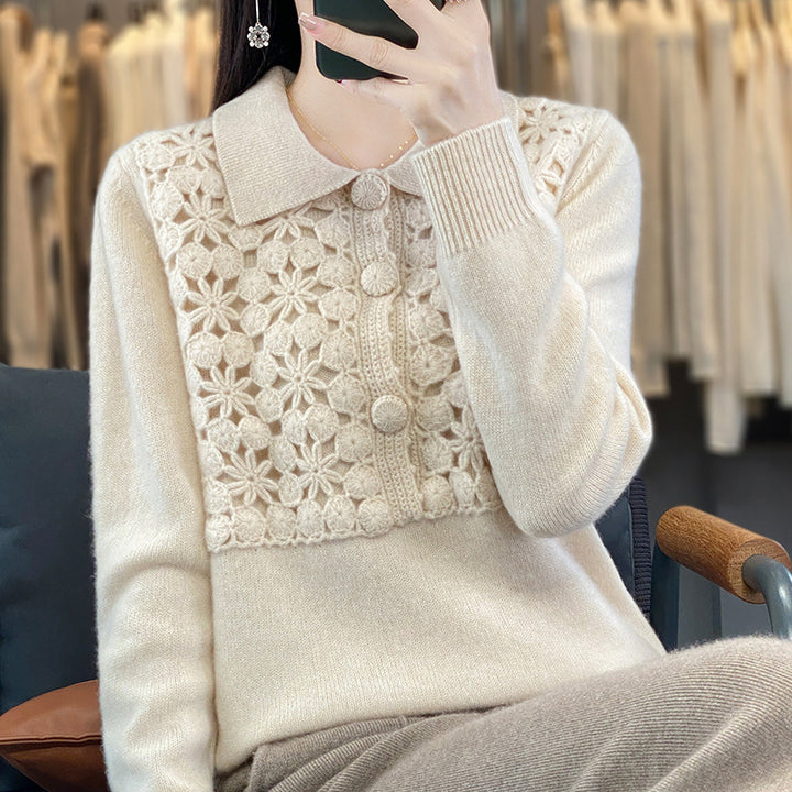Damen Strickpullover mit gehäkelter Ajour‑Blende und Polokragen Drune