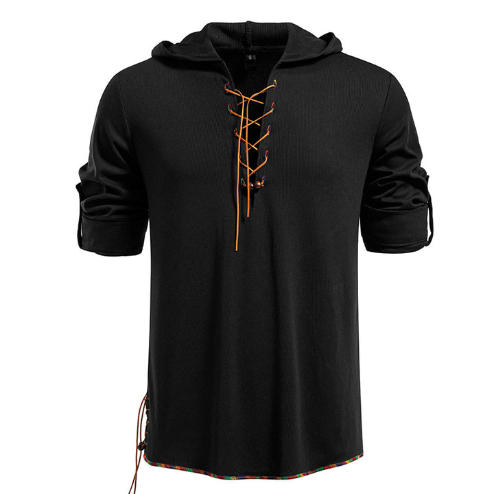Herren Leichtes Kapuzen-Langarmshirt mit Schnürfront und aufrollbaren Dreiviertel-Ärmeln Drune