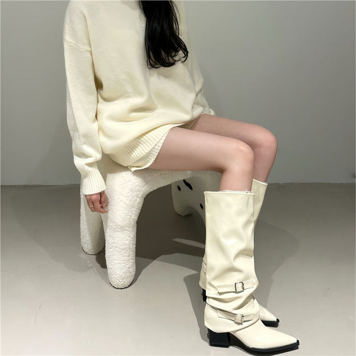 Damen Slouch-Kniehohe Stiefel mit spitzer Zehenform, dekorativen Schnallen und sculpted Blockabsatz Drune