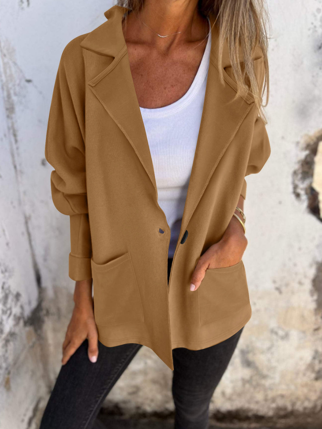 Damen Oversize Blazer-Cardigan mit Reverskragen, aufgesetzten Taschen und Krempelärmeln Drune