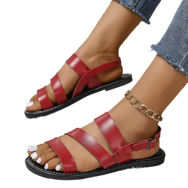 Damen Flache Lederoptik-Sandalen mit drei breiten Riemen, gepolstertem Komfortfußbett und verstellbarer Fersenlasche Drune