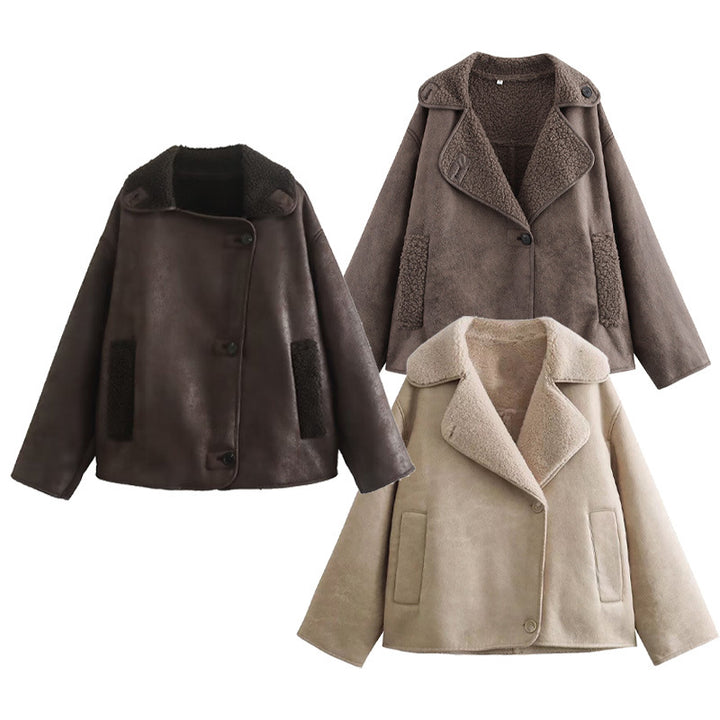 Damen Kunstpelzjacke mit stilvollem Kragen und praktischen Taschen Drune