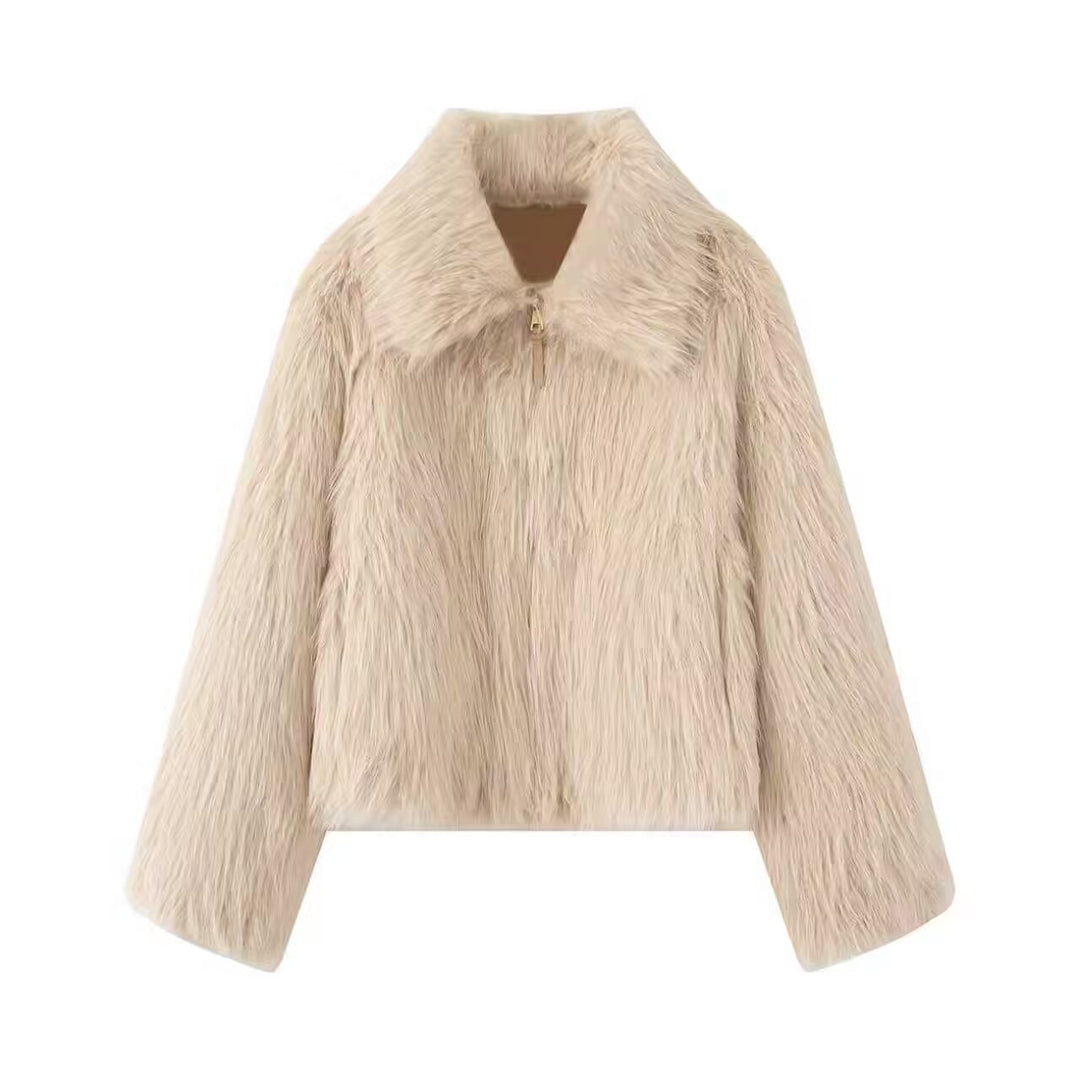 Damen Kurze Kunstfell-Croppedjacke mit voluminösem Schalkragen und Frontreißverschluss Drune