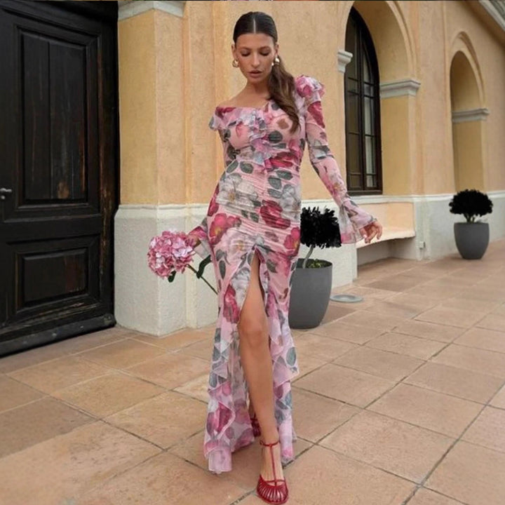 Damen Florales Chiffon-Maxikleid mit asymmetrischer Rüschen‑Schulter, geraffter Korsage & hohem Frontschlitz Drune