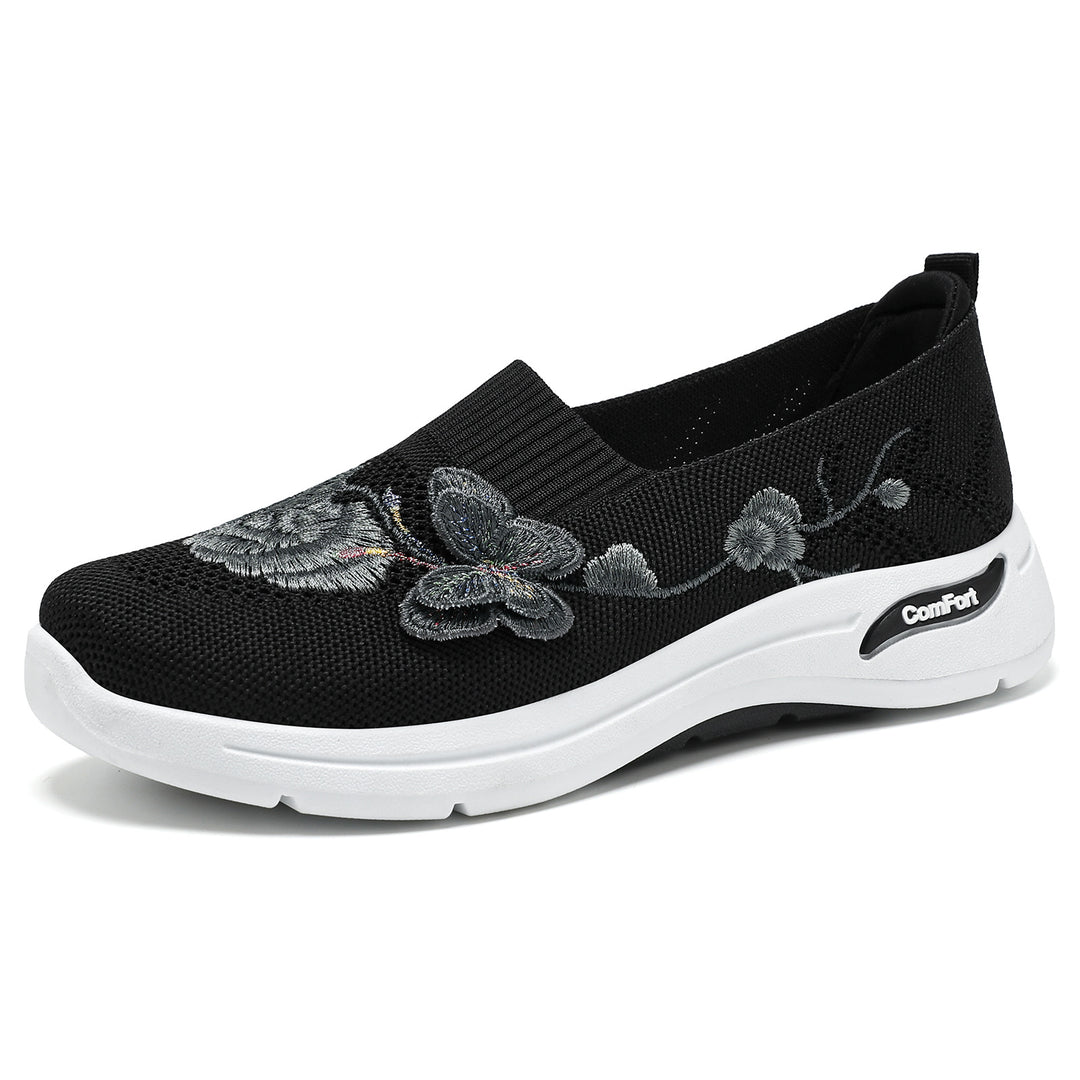 Damen nan gestrickter Slip-On Slipper mit 3D-Blumenstickerei und ergonomischer Komfort-Zwischensohle Drune