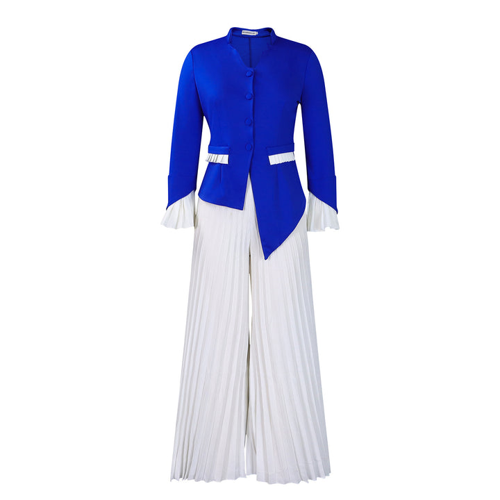 Damen eleganter Jumpsuit mit tailliertem Blazer-Oberteil und schwingenden Plisseehosen Drune