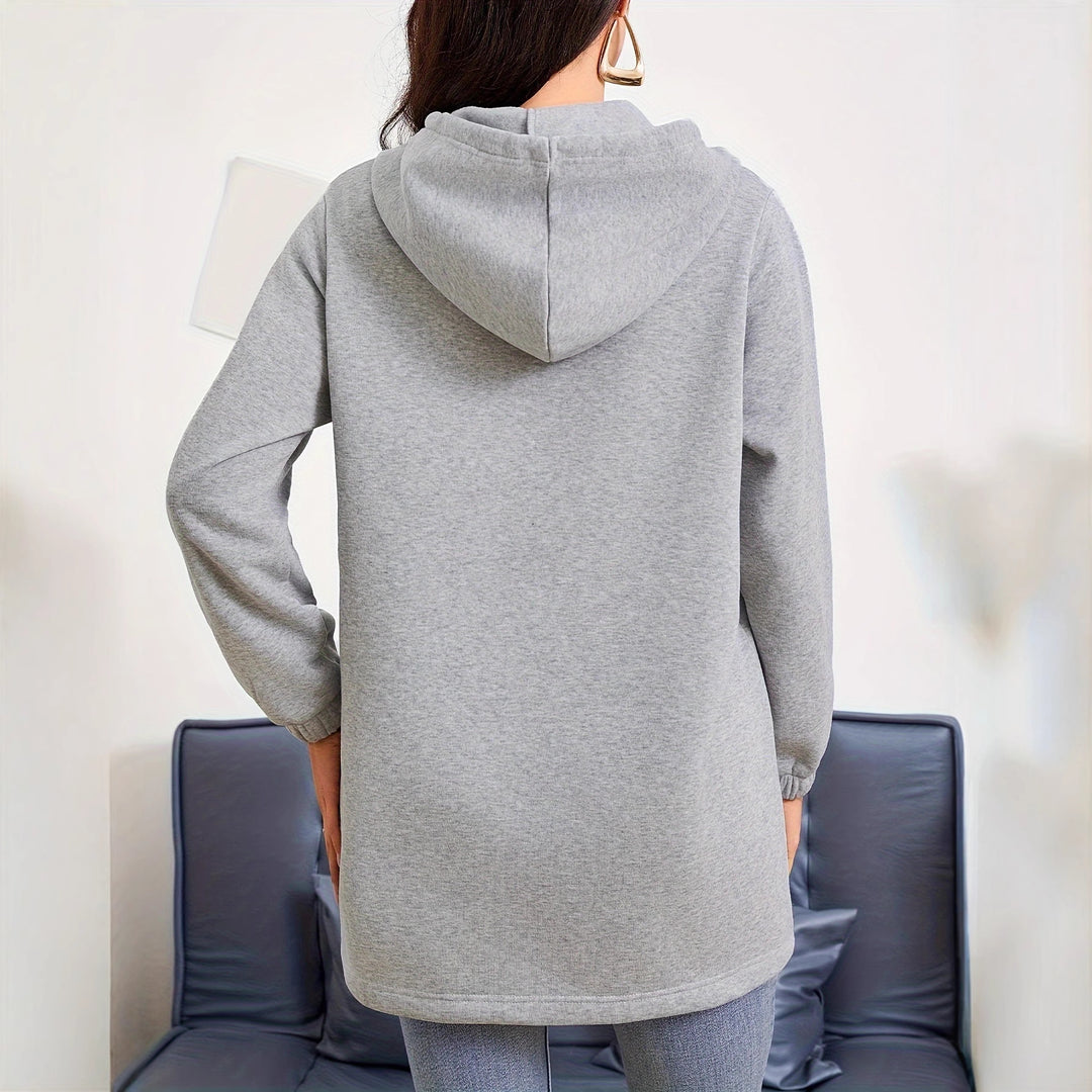 Damen nan Longline-Kapuzenjacke mit durchgehendem Reißverschluss, Kängurutaschen und elastischen Bündchen Drune