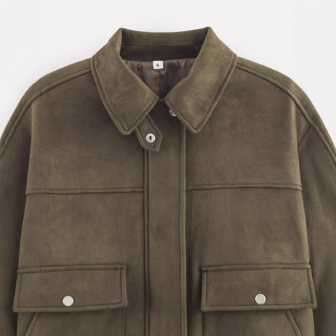 Damen Modische Kurzjacke aus weichem Kunstleder mit praktischen Taschen Drune