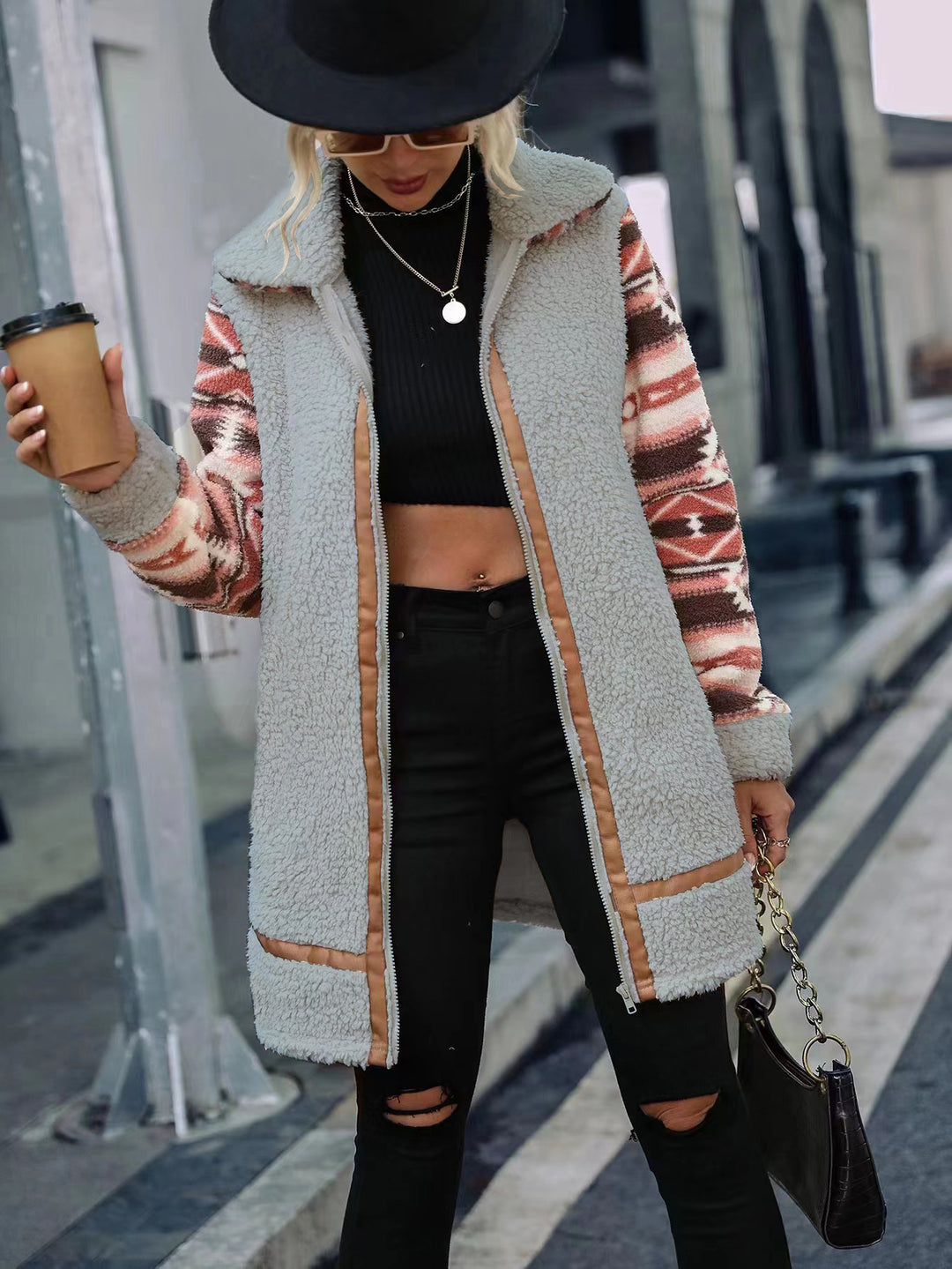 Damen Fleecefutter lange Jacke mit modischem Muster und praktisch integrierten Taschen Drune