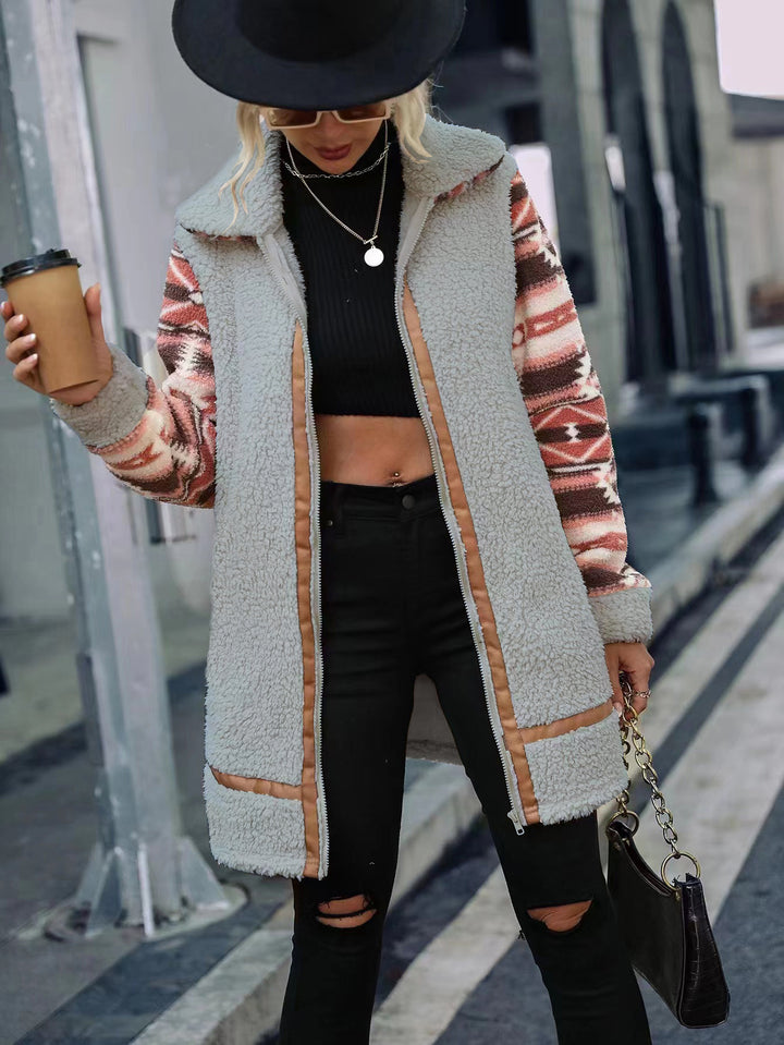 Damen Fleecefutter lange Jacke mit modischem Muster und praktisch integrierten Taschen Drune