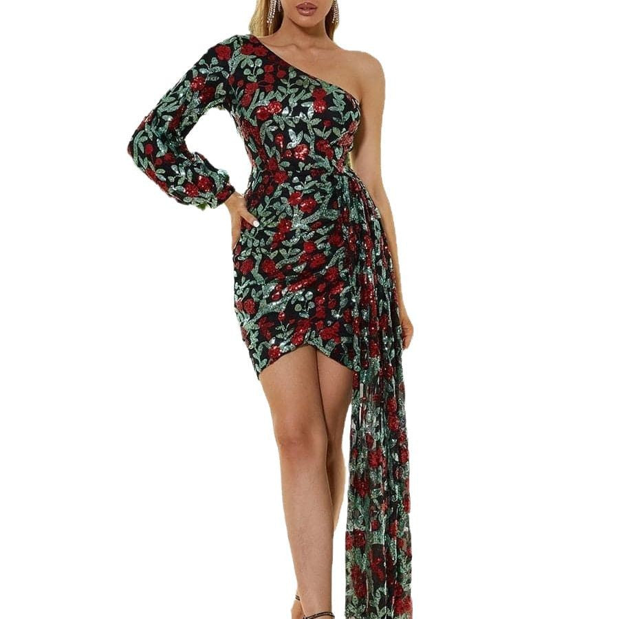 Damen asymmetrisches Paillettenkleid mit trendigem Schleppe Drune