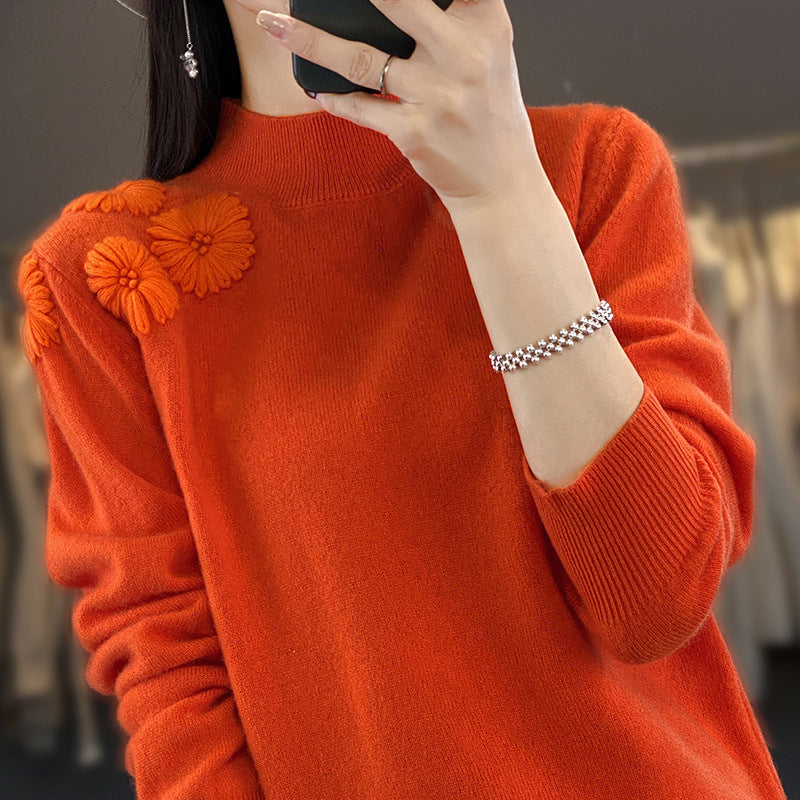 Damen Weicher Feinstrickpullover mit kurzem Stehkragen, 3D‑Blütenapplikation und gerippten Bündchen Drune
