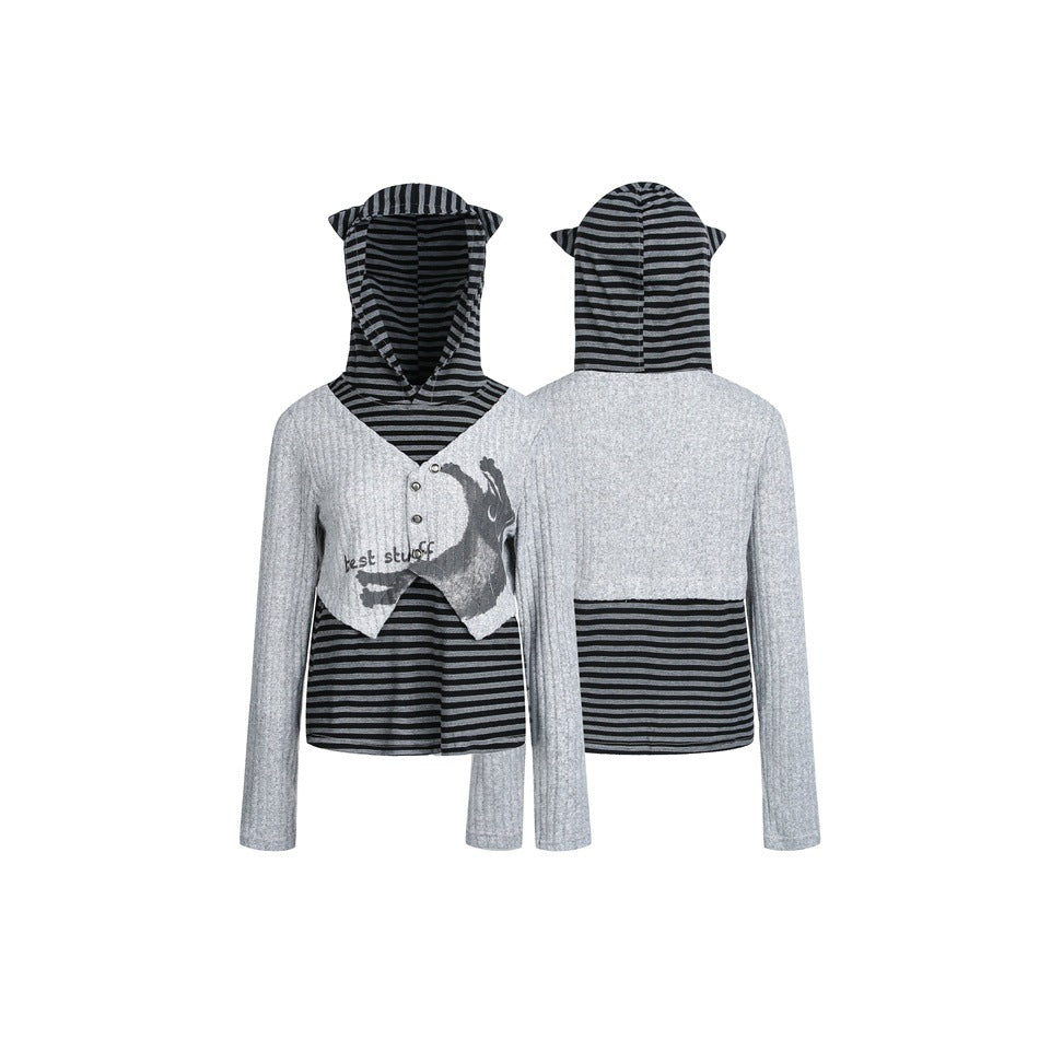 Damen Lagenlook-Kapuzenpullover mit gestreiftem Unterteil und kurzem Rippbolero Drune