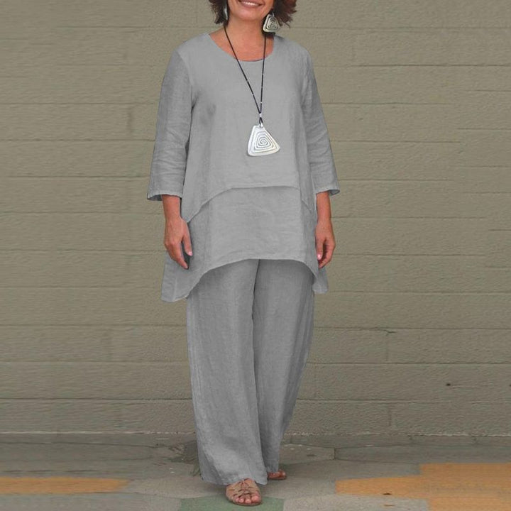 Damen Lässiges Zweiteiliges Leinen-Set mit Oversize-Tunika und weiter Palazzo-Hose Drune