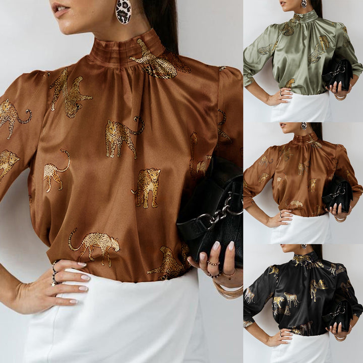 Damen Hochgeschlossenes Satinblusenshirt mit Stehkragen und Animal‑Print Drune