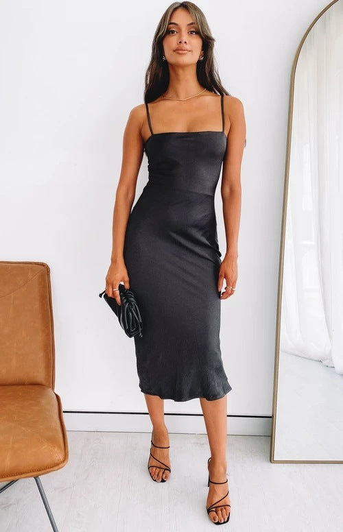 Damen Satin-Midikleid mit schmalen Spaghettiträgern und elegantem Schnitt Drune