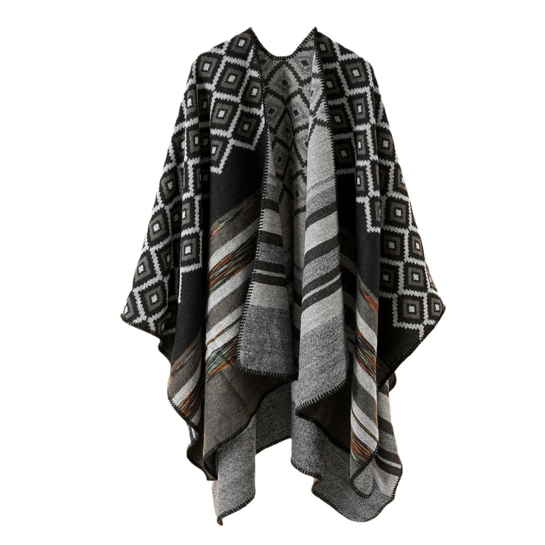 Damen Wollmix-Cape mit reversibler Double-Face-Webung und geometrischem Blockmuster Drune