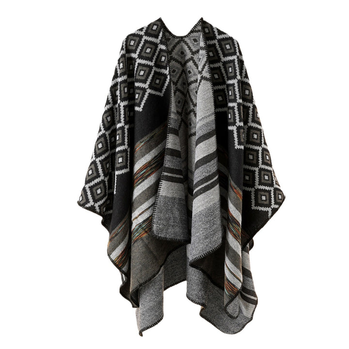 Damen Wollmix-Cape mit reversibler Double-Face-Webung und geometrischem Blockmuster Drune