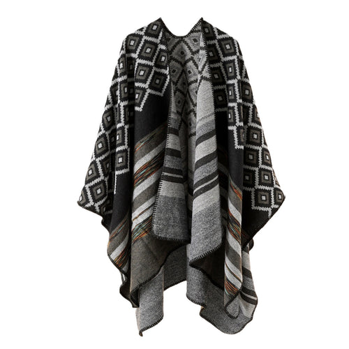 Damen Wollmix-Cape mit reversibler Double-Face-Webung und geometrischem Blockmuster Drune