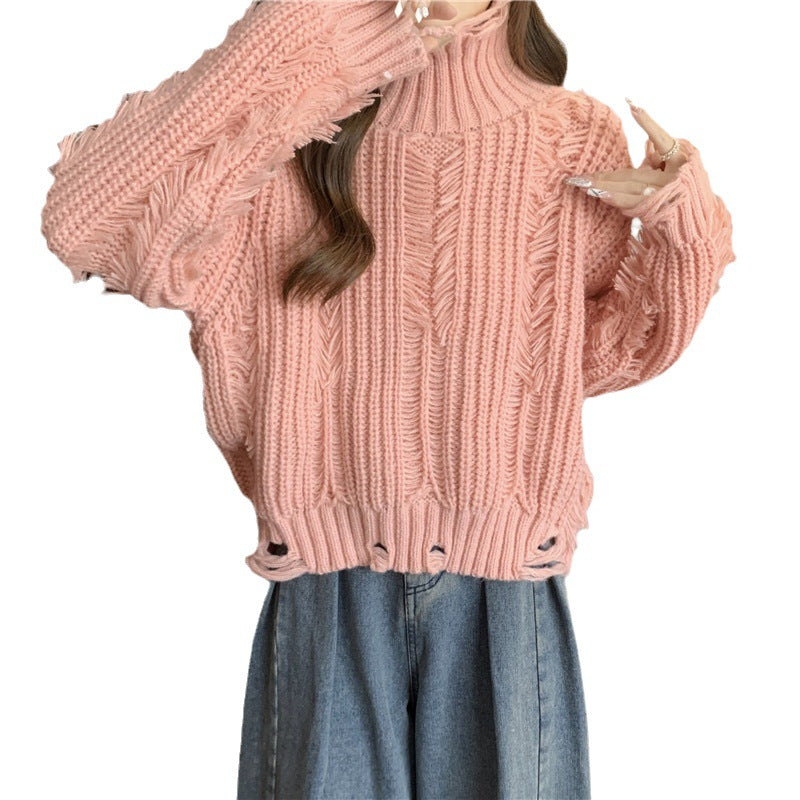 Damen Grobstrickpullover mit hohem Kragen und modernen Fransen Drune