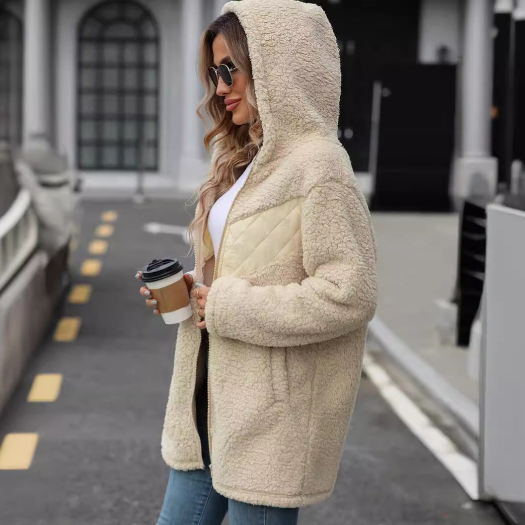 Damen Plüschige Kapuzenjacke mit Diamantsteppung und seitlichen Eingrifftaschen Drune