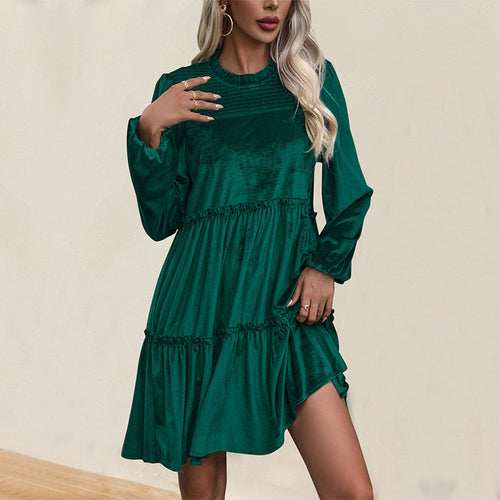 Damen Samtkleid mit Stufenrock, Raffung und Stehkragen Drune