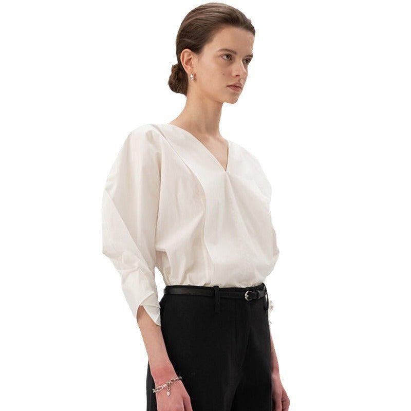 Damen modische Bluse mit voluminösen Ärmeln und v-förmigem Ausschnitt Drune