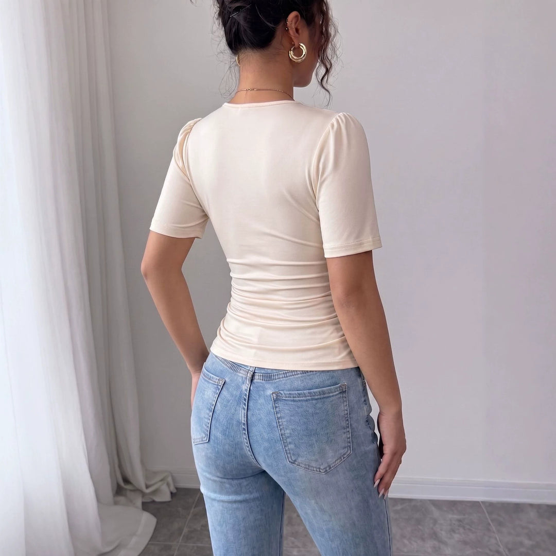 Damen nan tailliertes Drapiertes Kurzarmtop mit Perlenbesatz und V-Ausschnitt Drune