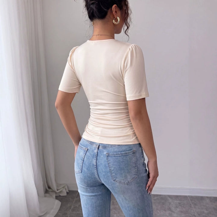 Damen nan tailliertes Drapiertes Kurzarmtop mit Perlenbesatz und V-Ausschnitt Drune