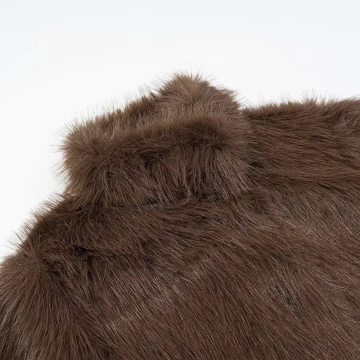Damen nan kurzem veganer Kunstfell-Croppedjacke mit hohem Stehkragen und verdeckter Front Drune