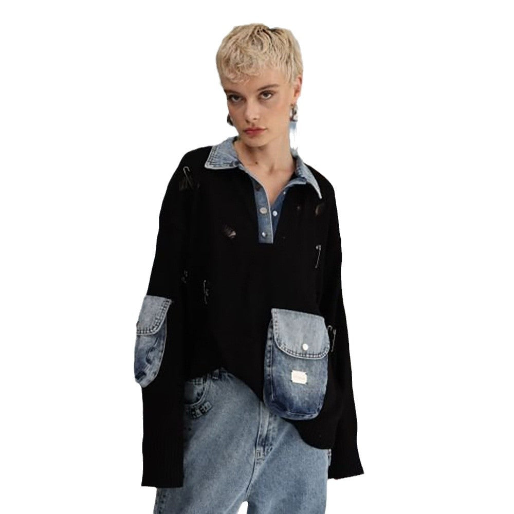 Damen Urbaner Oversized Pullover mit Denim-Details Drune