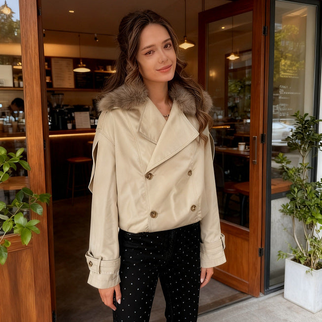 Damen Doppelreiher-Blouson mit abnehmbarem Kunstpelzkragen, Taillenzug und verstellbaren Manschetten Drune
