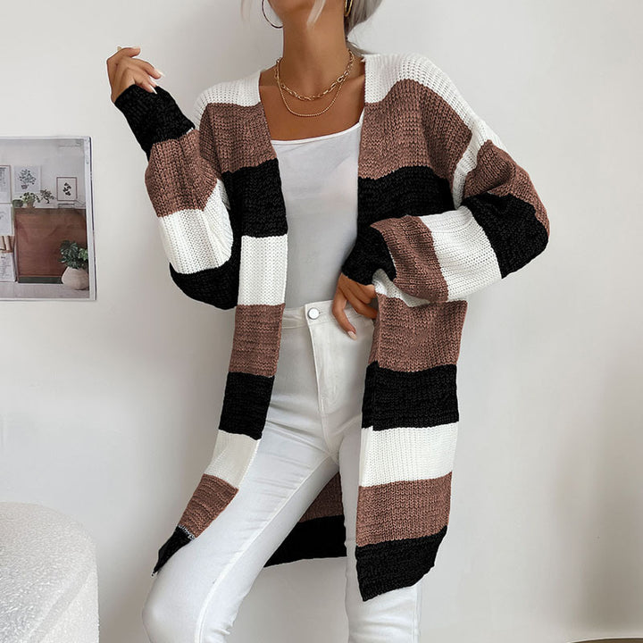 Damen Lässiger Strickmantel mit Streifen Drune