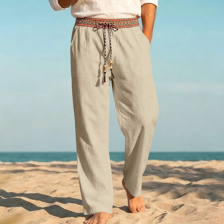 Herren Leinenoptik Freizeithose mit besticktem Kordelbund und Kordelzug Drune
