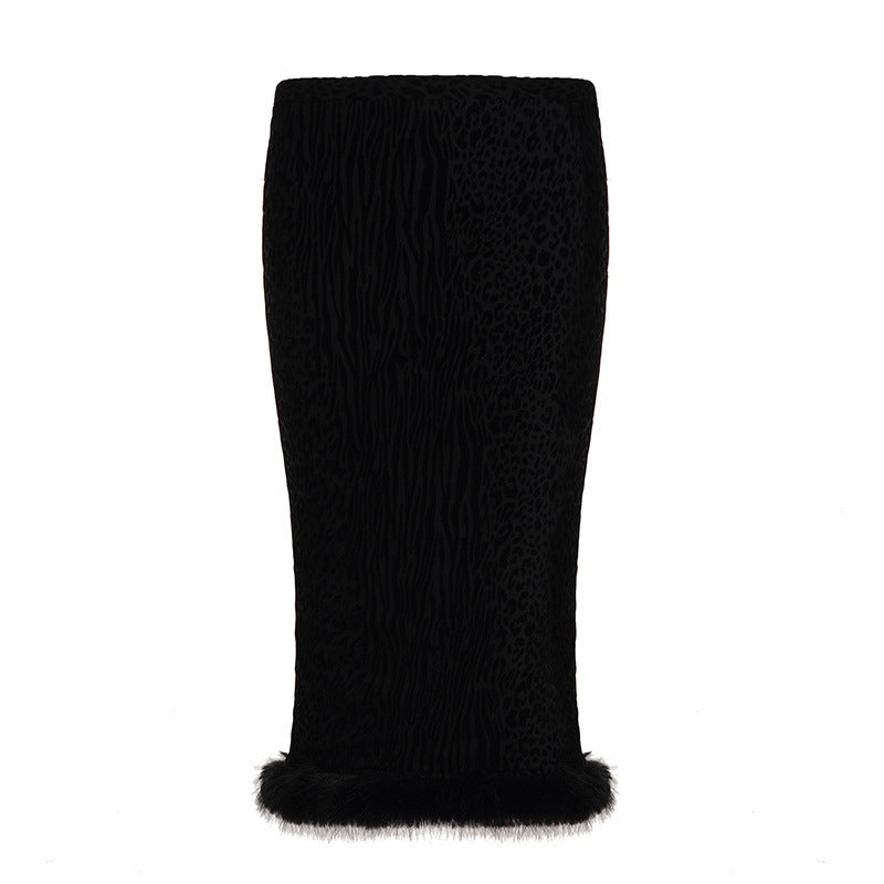 Damen eleganter Rock mit Tiermuster und luxuriösem Fellsaum Drune