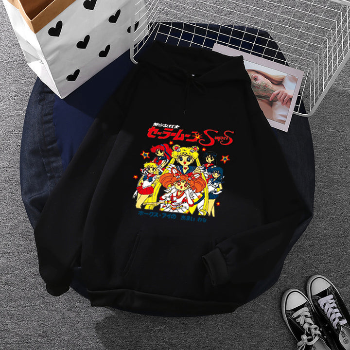 Damen nan Oversize-Kapuzenpullover mit gerautem Fleecefutter, Retro‑Anime‑Print und Kängurutasche Drune