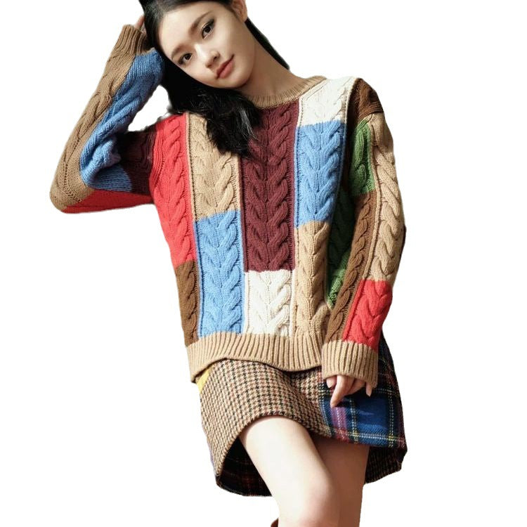 Damen Grobstrickpullover mit auffälligem Patchwork-Muster Drune