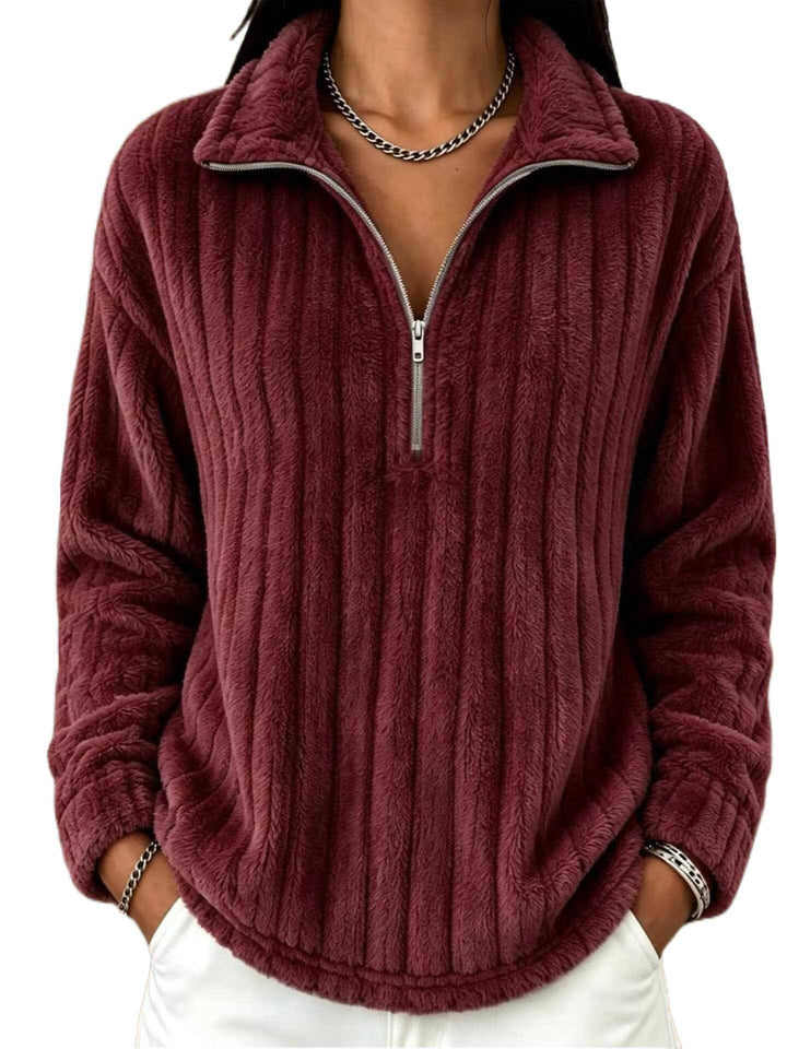 Damen Kuscheliger Plüsch-Halfzip-Pullover mit Stehkragen Drune