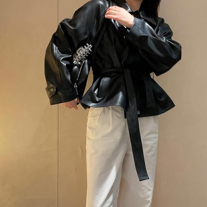 Damen Taillierbare Kunstlederjacke mit Wickelgürtel und kastiger Silhouette Drune
