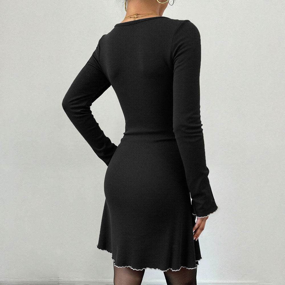 Damen geripptes Minikleid mit Trompetenärmeln, Zierschleife am Dekolleté und welligem Saum Drune