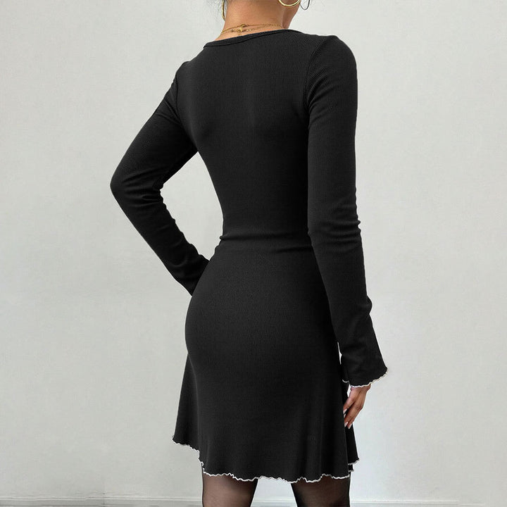 Damen geripptes Minikleid mit Trompetenärmeln, Zierschleife am Dekolleté und welligem Saum Drune