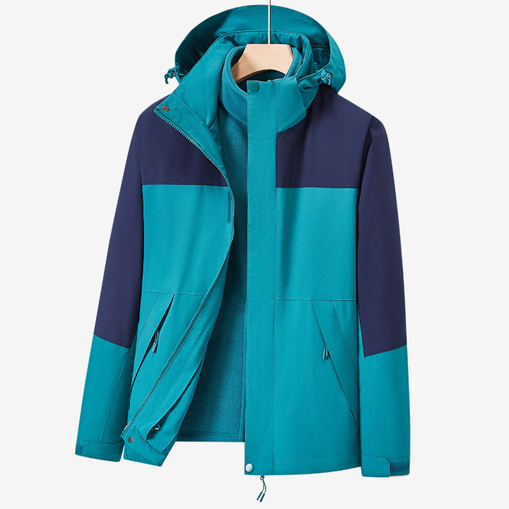 Unisex zweilagige wasserabweisende Outdoorjacke mit Kapuze und Colorblock-Design Drune