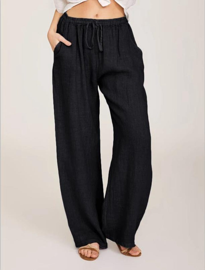 Damen luftige Palazzo-Hose mit Tunnelzugbund, elastischem Taillenabschluss und seitlichen Eingrifftaschen Drune