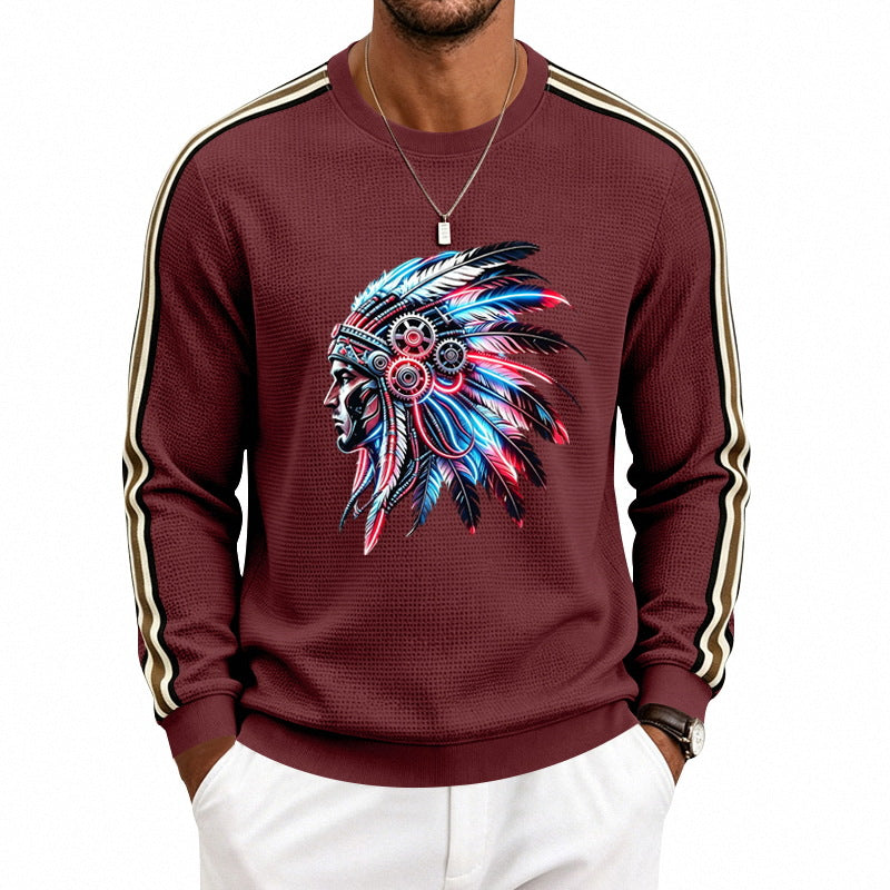 Herren Sweatshirt mit Federkopfschmuck-Print, Waffelstruktur und kontrastierenden Schulterstreifen Drune