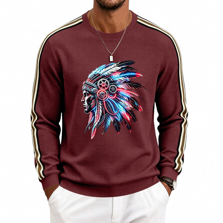 Herren Sweatshirt mit Federkopfschmuck-Print, Waffelstruktur und kontrastierenden Schulterstreifen Drune