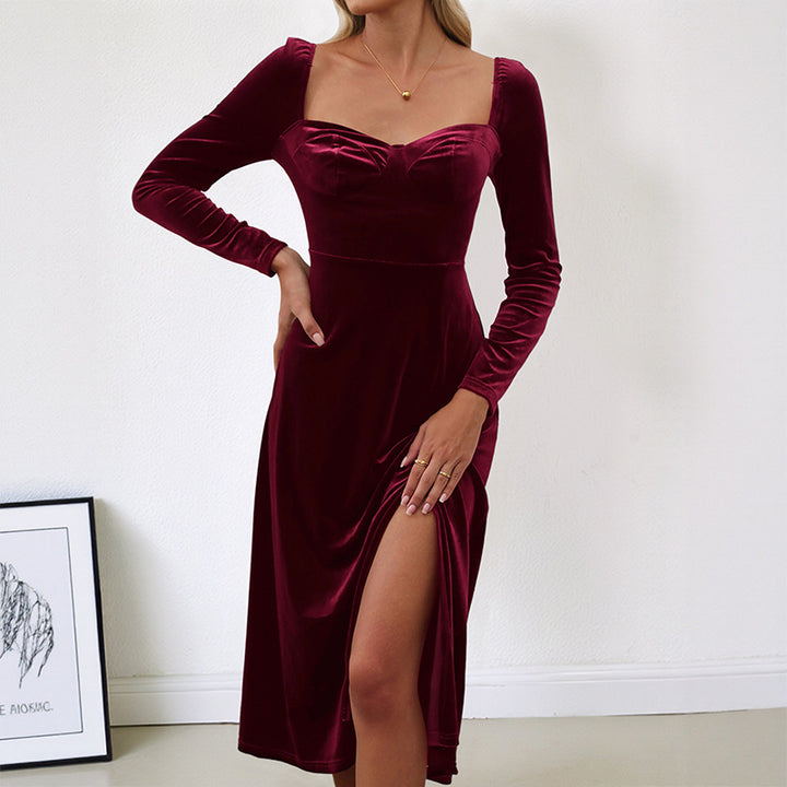 Damen Samt-Midikleid mit herzförmigem Ausschnitt, taillierter Silhouette und Langarm Drune