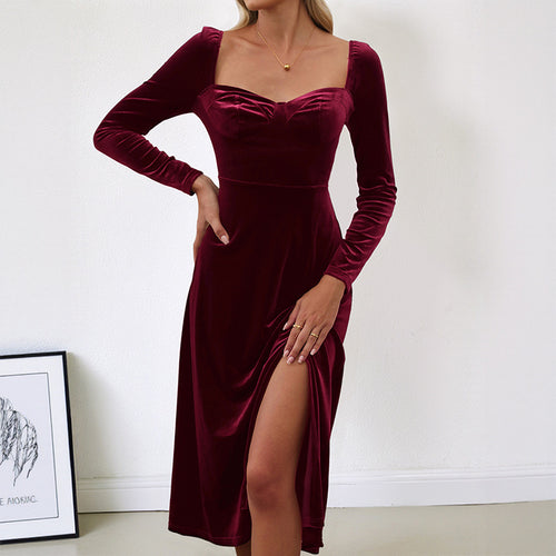 Damen Samt-Midikleid mit herzförmigem Ausschnitt, taillierter Silhouette und Langarm Drune